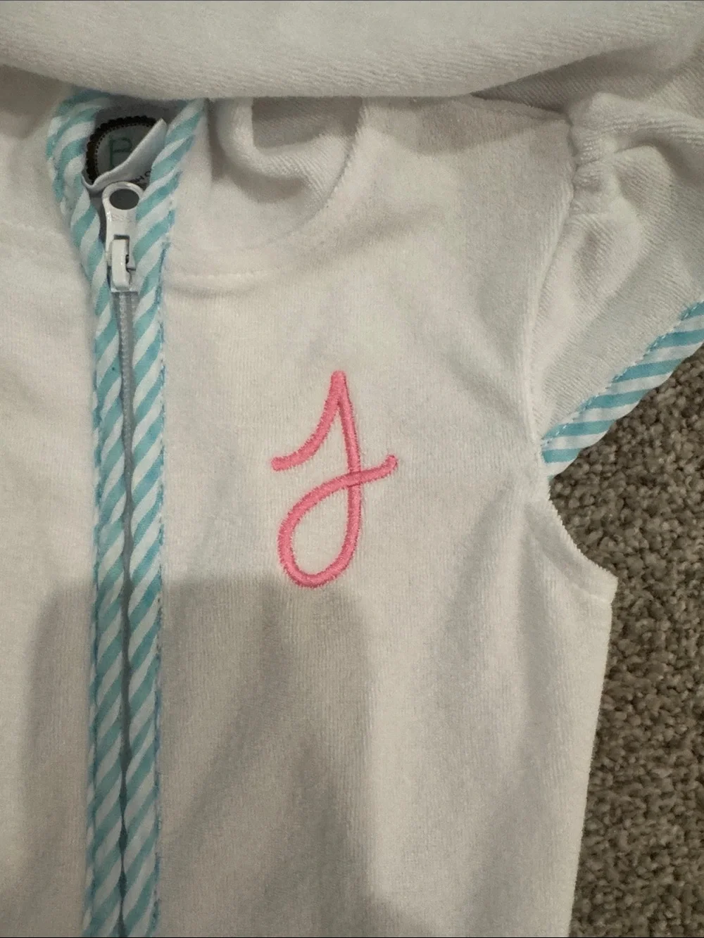 White Hooded Girls' swim cover up with Blue Trim and Pink “J” Embroidery
